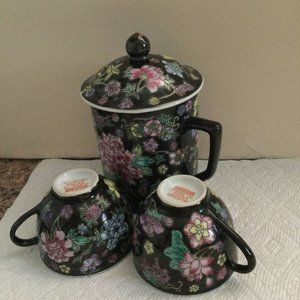 Vintage Chinese porcelain lidded mug and two handled cups black Noir floral